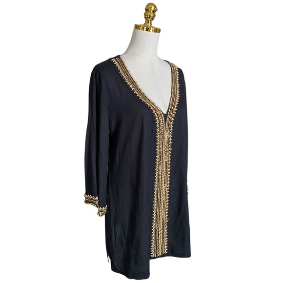 MIRA Black V-neck 3/4 Sleeve Gold Beads Embroidered Boho Flowy Tunic Womens Sz L - Picture 4 of 11